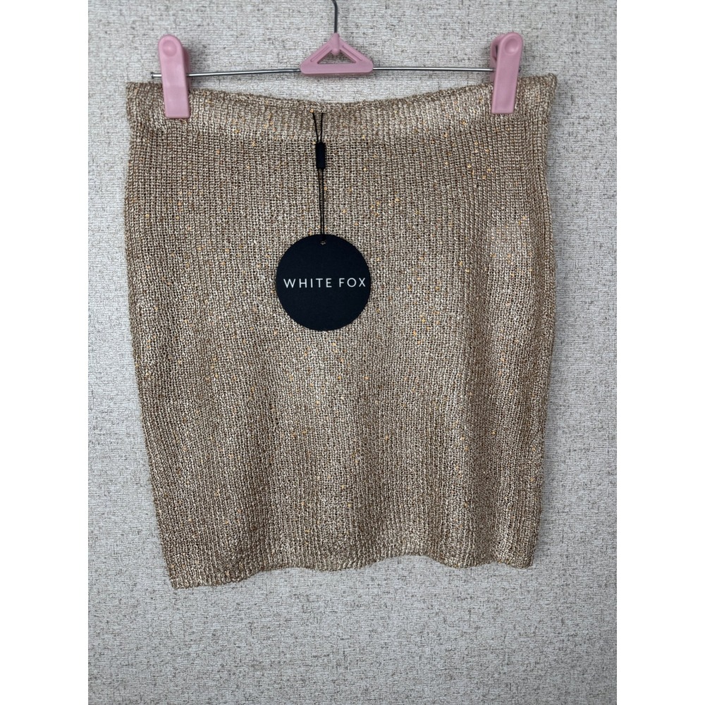 White Fox My Little Secret Sequin Knit Mini Skirt M NWT Champagne Gold Bodycon